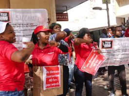 Above and below: Striking Shoprite workers in Namibia who won a 15% wage increase in 2015 are now being sued by the company for loss of sales. South Africa’s NUMSA union has called for a boycott of the Shoprite chain