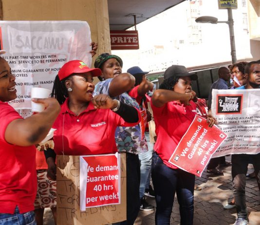 Above and below: Striking Shoprite workers in Namibia who won a 15% wage increase in 2015 are now being sued by the company for loss of sales. South Africa’s NUMSA union has called for a boycott of the Shoprite chain