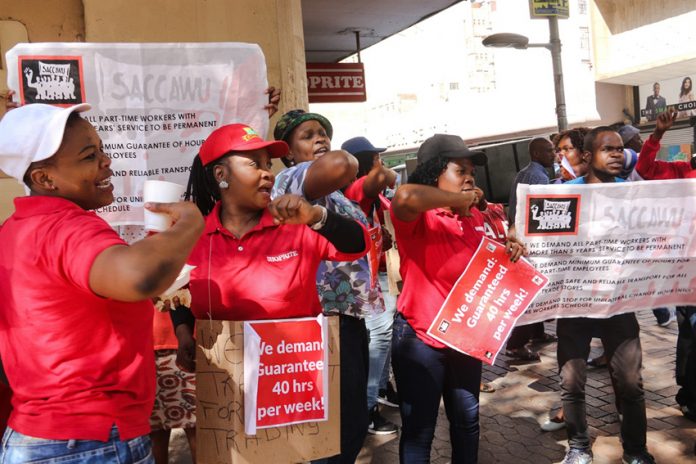 Above and below: Striking Shoprite workers in Namibia who won a 15% wage increase in 2015 are now being sued by the company for loss of sales. South Africa’s NUMSA union has called for a boycott of the Shoprite chain