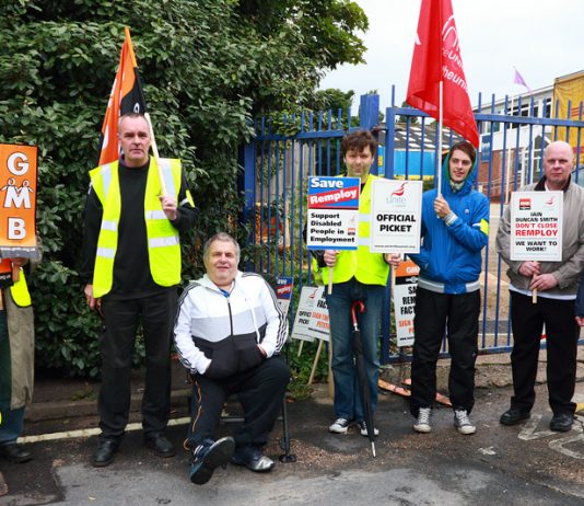 Remploy workers on the picket line in Norwich in 2012 in a struggle to save their jobs– the last decade has seen 600,000 manufacturing workers lose their jobs