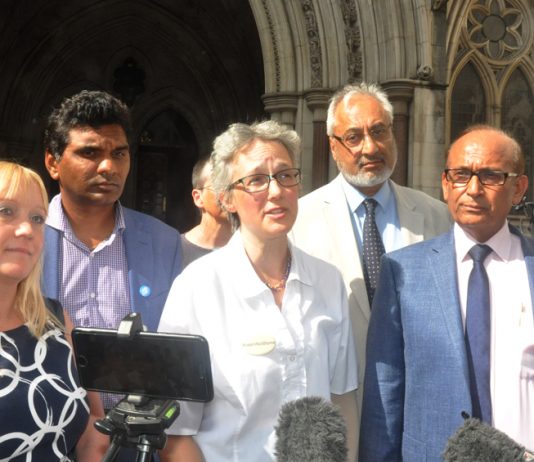 Doctors outside the High Court yesterday (l-r) SARAH DODDS, Medical Defence Shield, CHANDRA  KANNEGANTI, Chair of British International Doctors Association, Dr JENNY VAUGHAN, Manslaughter & Healthcare, Dr JS BAMRAH, Chairman of British Association of Phys