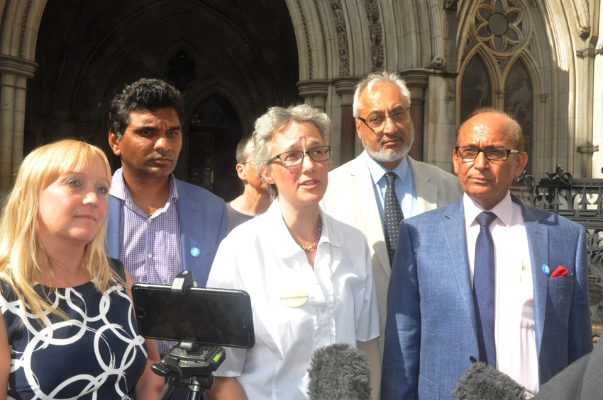 Doctors outside the High Court yesterday (l-r) SARAH DODDS, Medical Defence Shield, CHANDRA  KANNEGANTI, Chair of British International Doctors Association, Dr JENNY VAUGHAN, Manslaughter & Healthcare, Dr JS BAMRAH, Chairman of British Association of Phys