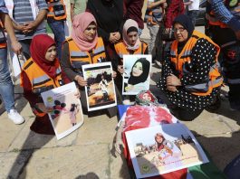 Palestinians in Bethlehem commemorate Razan al-Najjar, the 21-year-old Palestinian volunteer  paramedic, shot dead in Gaza by an Israeli sniper on the border with Israel on June 1st