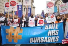 Student nurses and midwives marching to demand their bursaries are restored – on A-level results day figures reveal student applications for nursing have plummeted