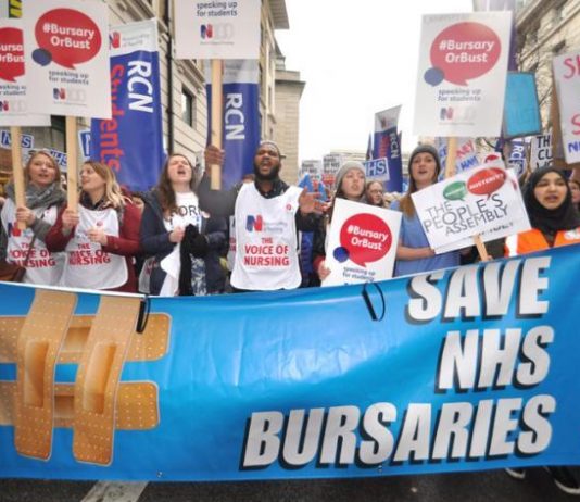 Student nurses and midwives marching to demand their bursaries are restored – on A-level results day figures reveal student applications for nursing have plummeted