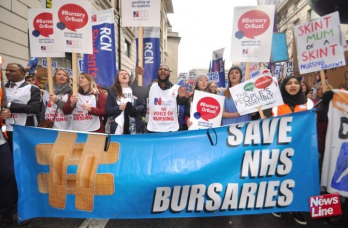 Student nurses and midwives marching to demand their bursaries are restored – on A-level results day figures reveal student applications for nursing have plummeted