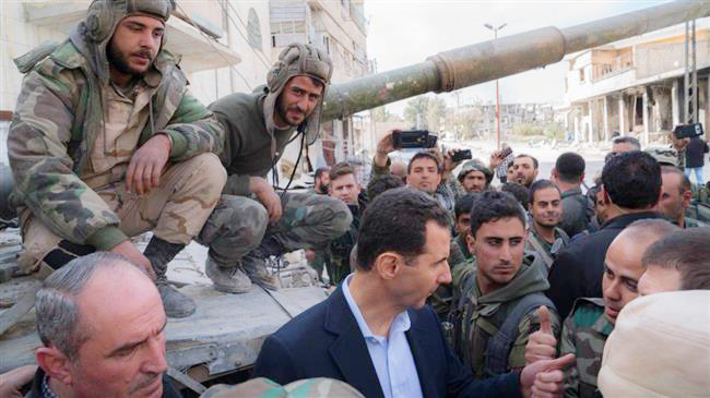 President BASHAR AL-ASSAD greets victorious Syrian troops in Eastern Ghouta
