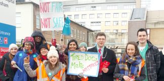 Junior doctors outside Lewisham Hospital during their national strike – 8,000 doctors shifts were left uncovered in London alone last year