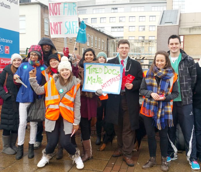 Junior doctors outside Lewisham Hospital during their national strike – 8,000 doctors shifts were left uncovered in London alone last year