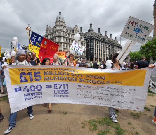 London schools demonstration outside parliament against funding cuts