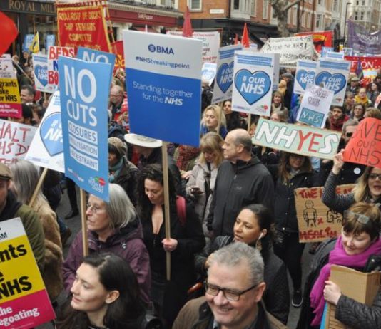 BMA members marching against Tory cuts and privatisation