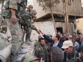 Syrian President BASHAR AL-ASSAD greeted by his troops in Ghouta after they liberated the region from terrorists – they are now preparing to take Idlib