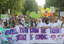 Youth marching on the mass march on the anniversary of the Grenfell fire – TUC delegates demand flammable cladding is banned