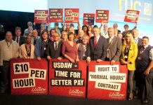 TUC leaders and delegates launch a campaign for £10 an hour minimum wage at the TUC Congress in Manchester yesterday