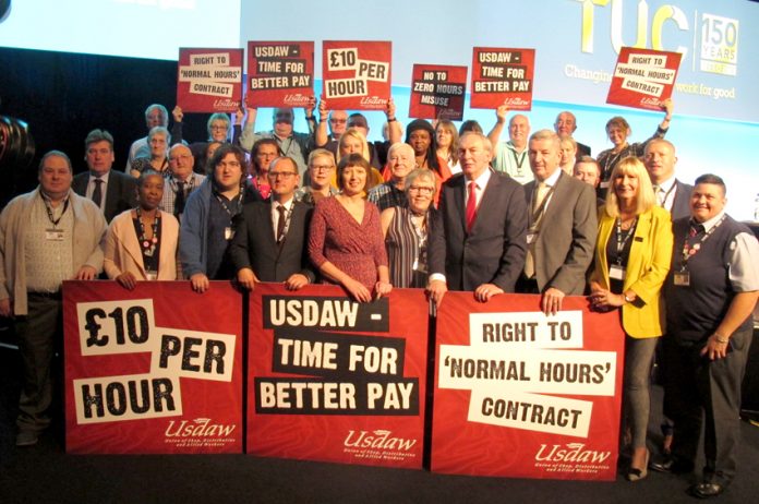 TUC leaders and delegates launch a campaign for £10 an hour minimum wage at the TUC Congress in Manchester yesterday
