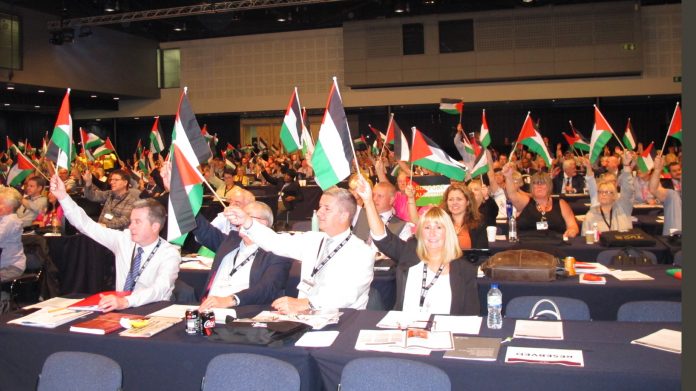 TUC delegates wave Palestinian flags and condemn Israel’s new racist law