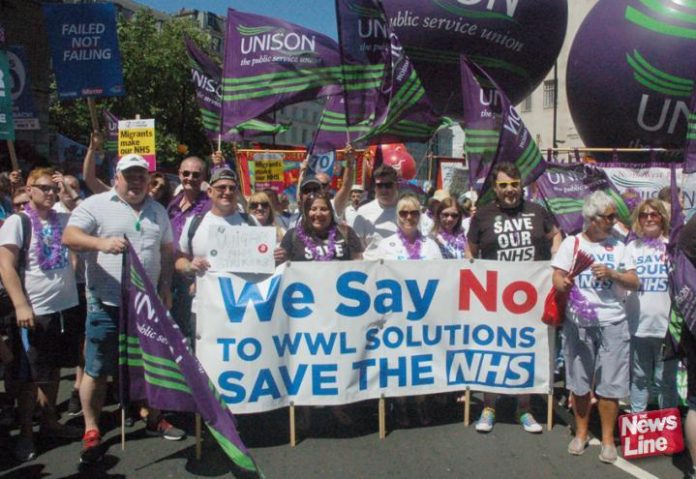 The Wrightington, Wigan and Leigh NHS Trust campaigners on the NHS march – they successfully forced the withdrawal of a subsidiary company – now NHS Improvement has ‘paused’ the setting up of subsidiaries all over the country