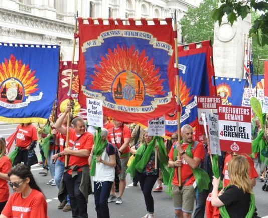 Joint FBU-Justice for Grenfell march on the anniversary of the Grenfell inferno