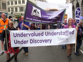 UK public service workers doing 40 million hours unpaid overtime Unison NHS staff on the TUC demonstration – health service workers say services are being run down