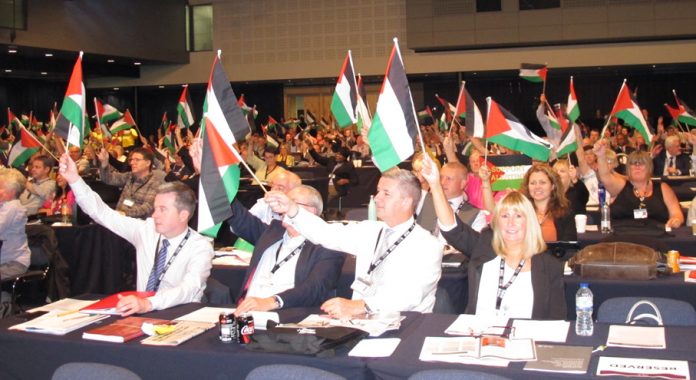 Delegates at the TUC Congress earlier this month showing their support for Palestine – a resolution at the Labour Party Conference demanded end the siege of Gaza