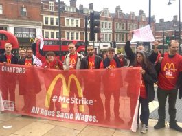 McDonald’s, TGI Fridays, Uber Eats and Wetherspoon strike! The lively early morning picket at McDonald’s in Brixton, southwest London, demanding equal pay for young and older workers