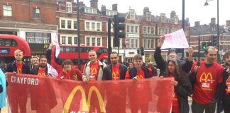 The lively early morning picket at McDonald’s in Brixton, southwest London, demanding equal pay for young and older workers