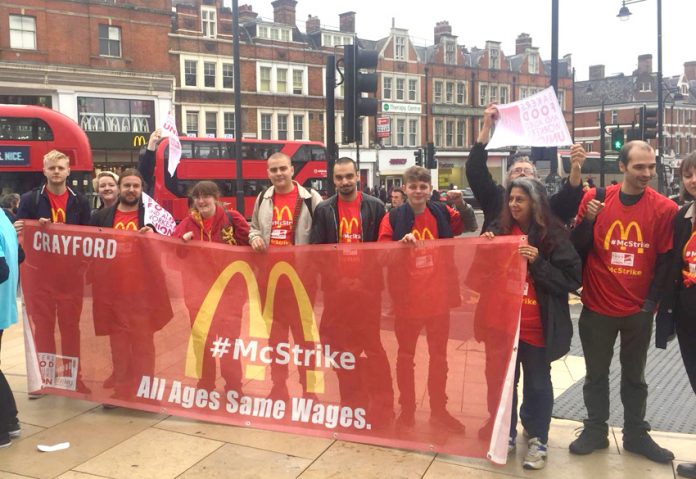 The lively early morning picket at McDonald’s in Brixton, southwest London, demanding equal pay for young and older workers