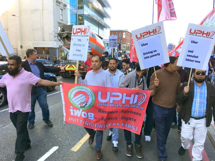 One hundred and fifty Uber drivers and supporters at their strike rally yesterday