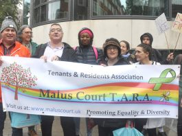 GRAHAM LANGTON (left) with tenants from Salford’s Malus Court