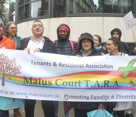 GRAHAM LANGTON (left) with tenants from Salford’s Malus Court