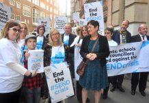 NEU joint general secretary MARY BOUSTED (centre) leads a delegation of six unions, parents, pupils and councillors to present a petition demanding proper funding for Special Educational Needs and Disability pupils to the Department of Education