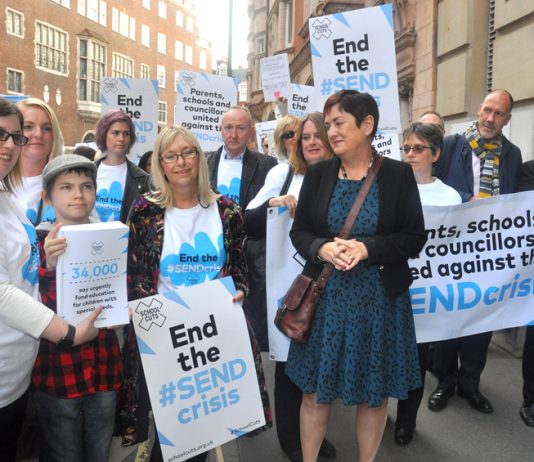 NEU joint general secretary MARY BOUSTED (centre) leads a delegation of six unions, parents, pupils and councillors to present a petition demanding proper funding for Special Educational Needs and Disability pupils to the Department of Education