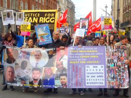 The front banner on the United Families and Friends Campaign march demanding justice for those who have died at the hands of the state