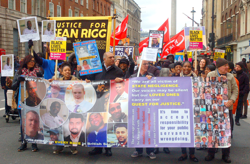 The front banner on the United Families and Friends Campaign march demanding justice for those who have died at the hands of the state