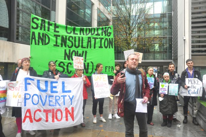 London protest demanding safe insulation and cladding – Grenfell families forced onto Universal Credit now face the prospect of not being able to heat their homes