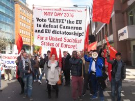 Young Socialists on May Day 2016 calling for a vote to leave the EU – the result lead to then-Prime Minister Cameron resigning