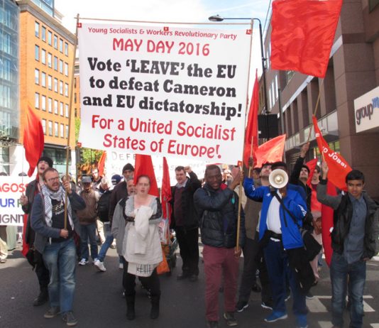 Young Socialists on May Day 2016 calling for a vote to leave the EU – the result lead to then-Prime Minister Cameron resigning