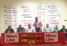 Platform at the News Line Anniversary Rally (L-R) KAREN MENPES (GMB cab drivers), DAVE WILTSHIRE (WRP CC) FRANK SWEENEY (Chair) JOSHUA OGUNLEYE (WRP Gen Sec) GARY PALMER (GMB Southern Region) JONTY LEFF (News Line Editor) MOHAMED BARRY (Ridley Road Market