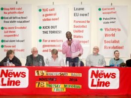 ‘There is revolutionary determination to smash capitalism’ –WRP General Secretary tells News Line Anniversary Rally Platform: (L-R) KAREN MENPES (GMB cab drivers), DAVE WILTSHIRE (WRP Central Committee) FRANK SWEENEY (Chair) JOSHUA OGUNLEYE (WRP General Secretary) GARY PALMER (GMB Southern Region) JONTY LEFF (News Line Editor) MOHAMED BARRY (Ridley Road indoor market