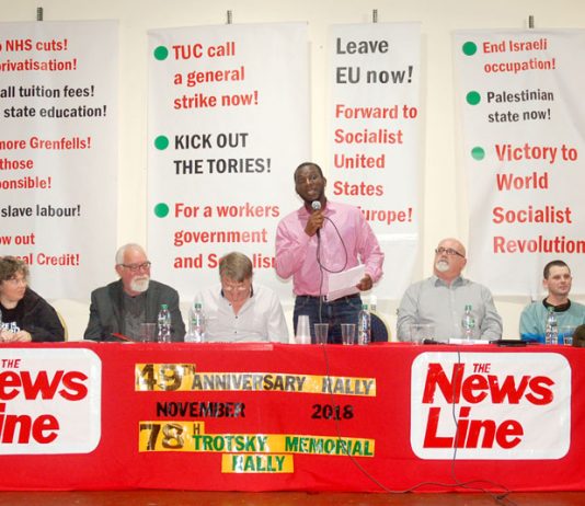 Platform: (L-R) KAREN MENPES (GMB cab drivers), DAVE WILTSHIRE (WRP Central  Committee) FRANK SWEENEY (Chair) JOSHUA OGUNLEYE (WRP General Secretary) GARY PALMER (GMB Southern Region) JONTY LEFF (News Line Editor) MOHAMED BARRY (Ridley Road indoor market