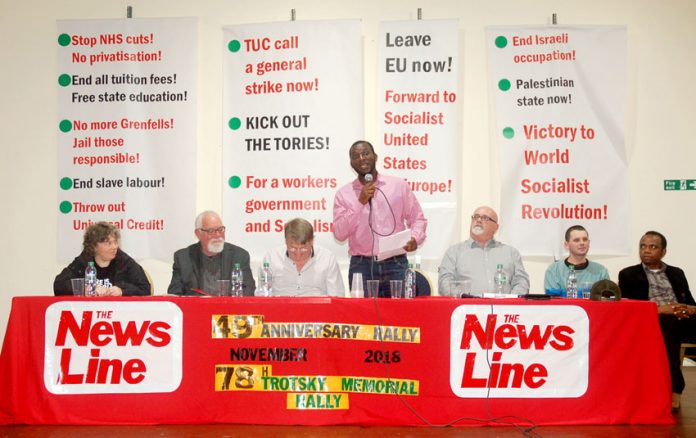 Platform: (L-R) KAREN MENPES (GMB cab drivers), DAVE WILTSHIRE (WRP Central  Committee) FRANK SWEENEY (Chair) JOSHUA OGUNLEYE (WRP General Secretary) GARY PALMER (GMB Southern Region) JONTY LEFF (News Line Editor) MOHAMED BARRY (Ridley Road indoor market