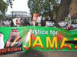 Demonstration outside the Saudi embassy in London on October 25th demanding the killers of Jamal Khashoggi be arrested and for UK to stop arming Saudi Arabia