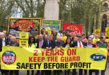 Rail workers celebrating two years of their strike to keep guards on the trains – out on Northern Rail today