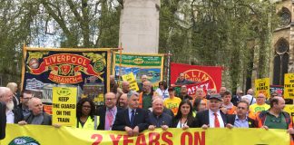 Rail workers celebrating two years of their strike to keep guards on the trains – out on Northern Rail today