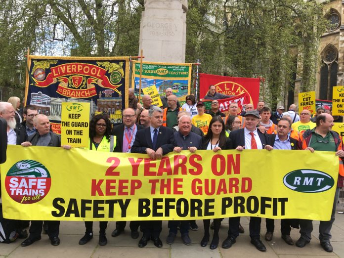 Rail workers celebrating two years of their strike to keep guards on the trains – out on Northern Rail today