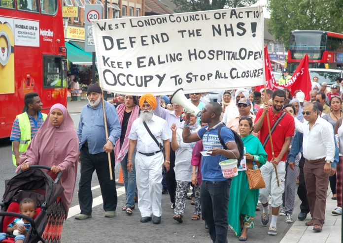 Demonstration in Southall in July 2015 to stop the closure of the Maternity Department at Ealing Hospital – maternity closures have contributed to greater numbers of mothers and babies dying during childbirth