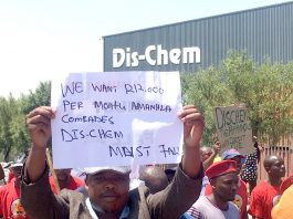 South African workers take strike action over pay and in defence of jobs! Workers at Dis-Chem are demanding a R12,000 salary increase and that the company recognise their Nupsaw union