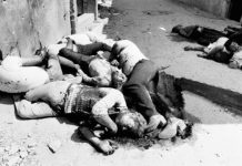 Bodies of some of the large numbers of Palestinians slain in the Sabra and Shatila refugee camp in 1982 in Lebanon by Phalangists who were allowed into the camp by Israeli soldiers, the same year as an Israeli submarine sank a Lebanese refugee ship