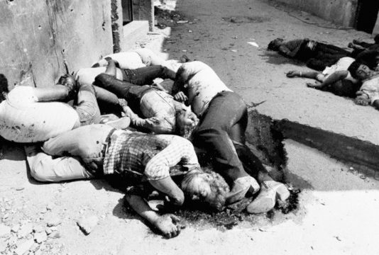 Bodies of some of the large numbers of Palestinians slain in the Sabra and Shatila refugee camp in 1982 in Lebanon by Phalangists who were allowed into the camp by Israeli soldiers, the same year as an Israeli submarine sank a Lebanese refugee ship