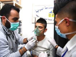 A young victim of the terrorist gas attack in Aleppo is treated in hospital
